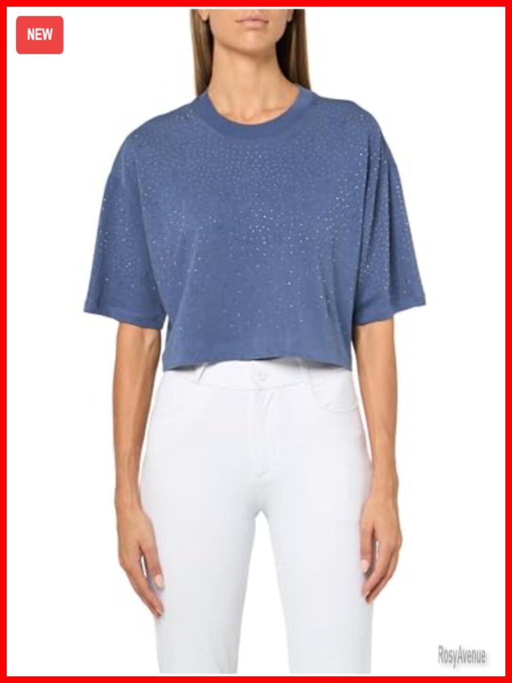 Rhinestone Crop Oversized Tee Organic Cotton Boxy Fit 3/4 Sleeve